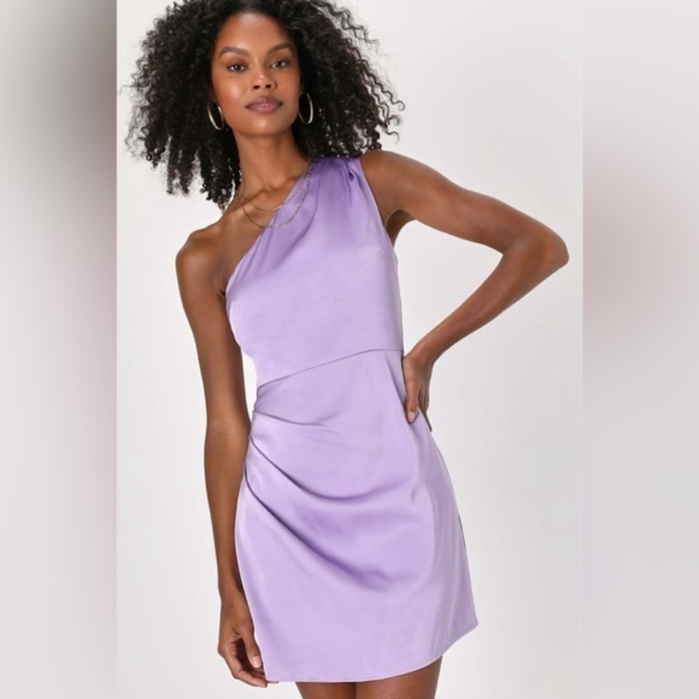 LULU’S LOVE ME TONIGHT SATIN ONE SHOULDER MINI DRESS